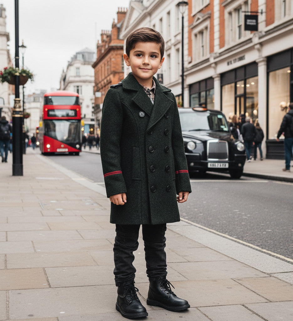 Boys Black Smart Casual Cashmere Coat Green Military Style Woolen Jacket  3-9Y