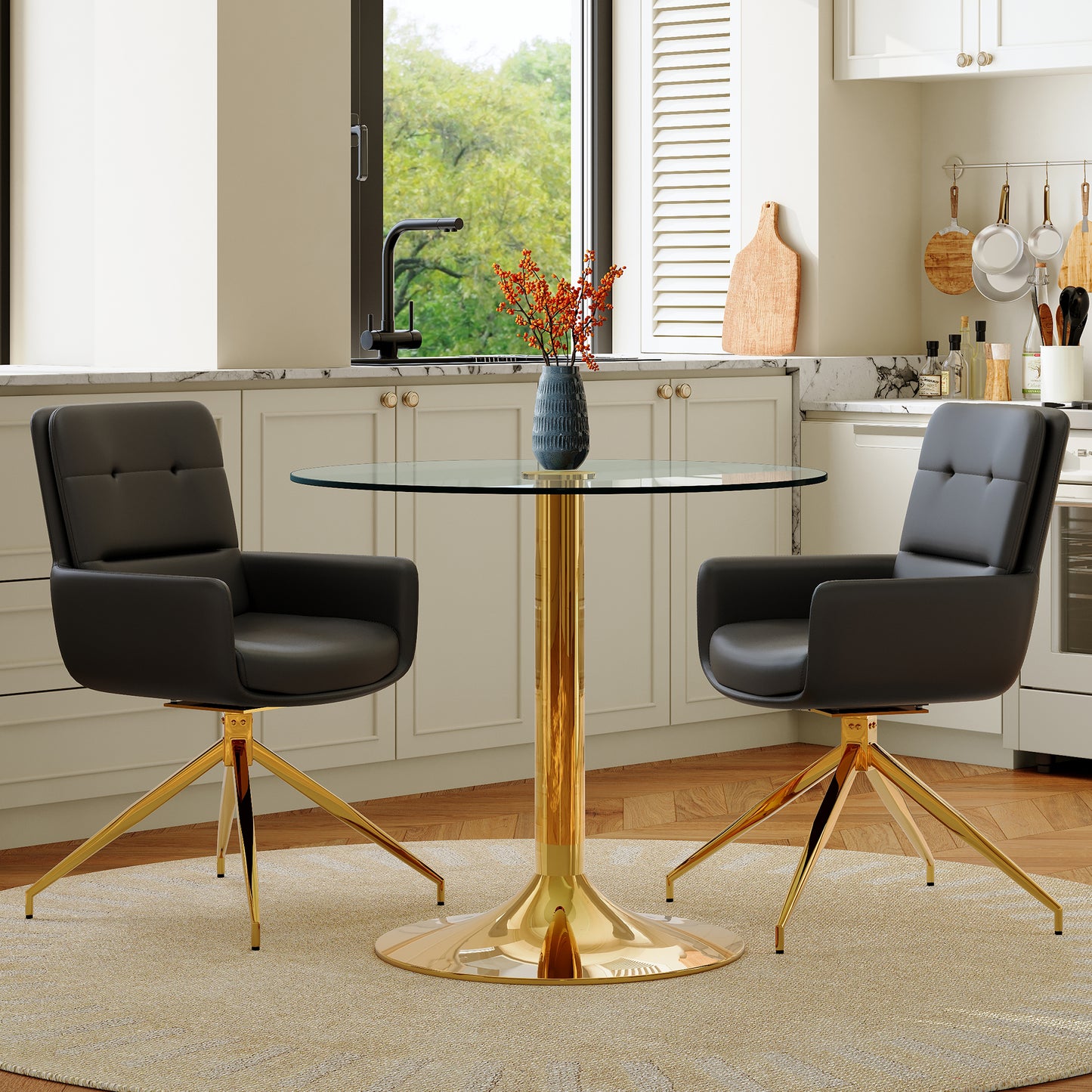 Table And Chair Collection 85 Cm Diameter, Slightly Luxurious Round Tempered Glass Table With Metallic Support Structure, Matching 2 Black-gold 360 Swivel PU Dining Chairs.