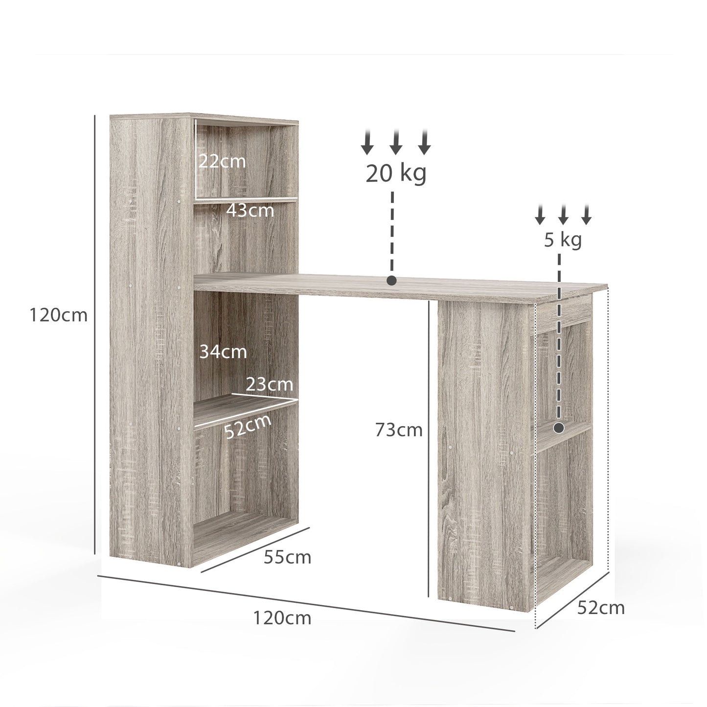120cm Computer Desk, Wooden PC Laptop Table With 6-Tier Storage Bookshelves, Home Office Working Study Desk, Writing Workstation, Grey