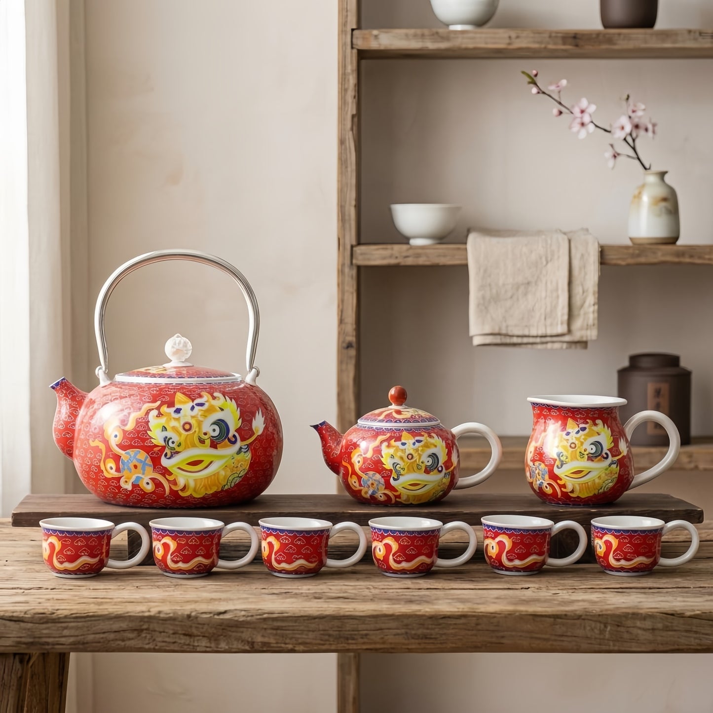 925 Sterling Silver Dragon Motif Tea Set: Traditional Red and Gold Ceramic Collection - Handicraft