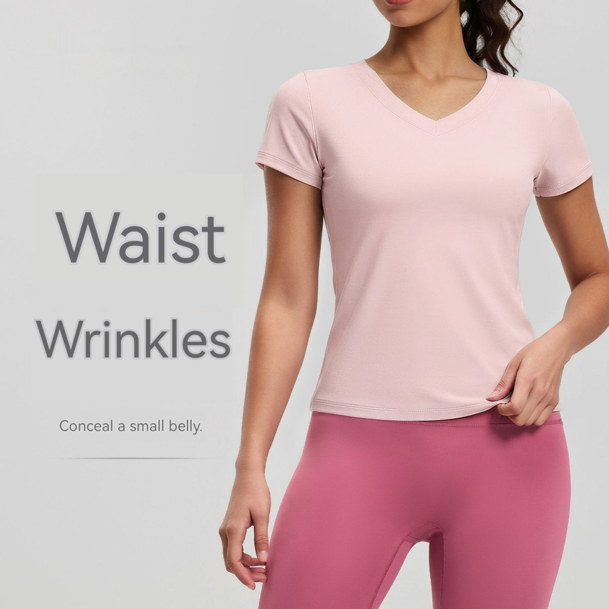 Peach-Color Basic V-Neck Short-Sleeve Sports Yoga Top For Women