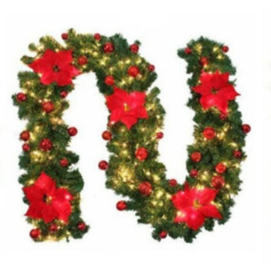 9FT Xmas Christmas Garland Artificial Wreath With LED Lights Stairs Home Rattan Red