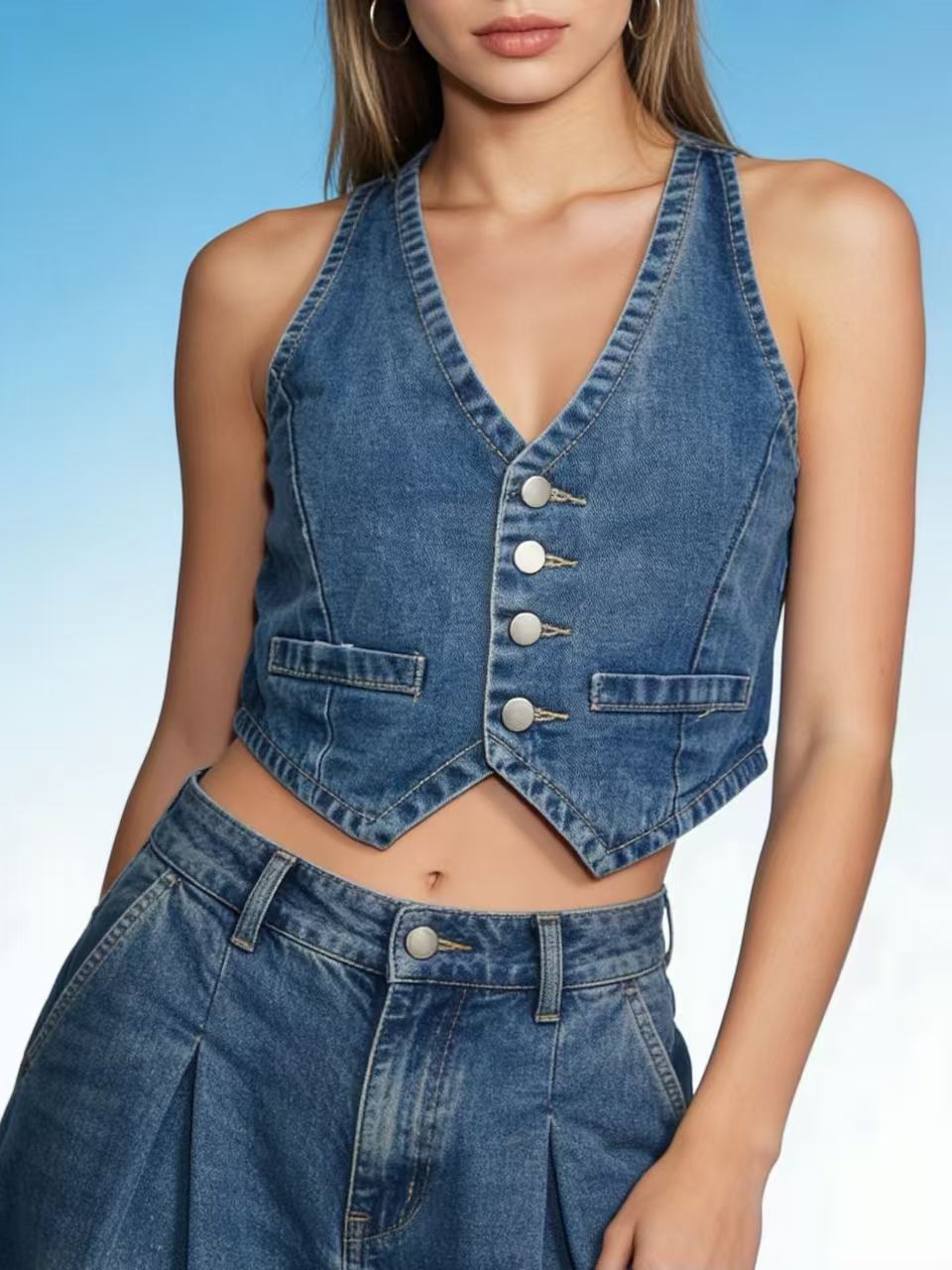 Womens Retro Casual Fashion Denim Vest