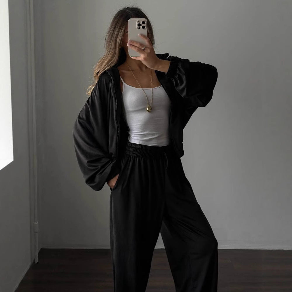New Casual Womens Set Solid-color Long-sleeve Zip-up Cardigan And Sweatpantstwo-piece Set