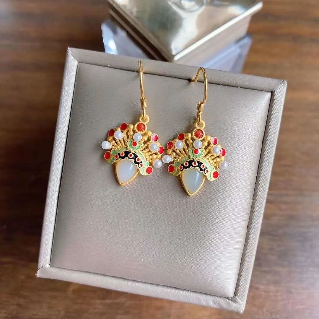 Inlaid White Jade Water Drop Classical-shaped Sword Horse Dan Peking Opera Facial Makeup Earrings