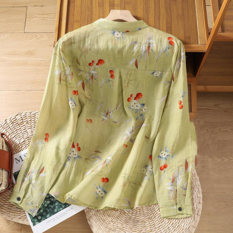 Korean Style Cotton And Linen Printed Long Sleeve Loose