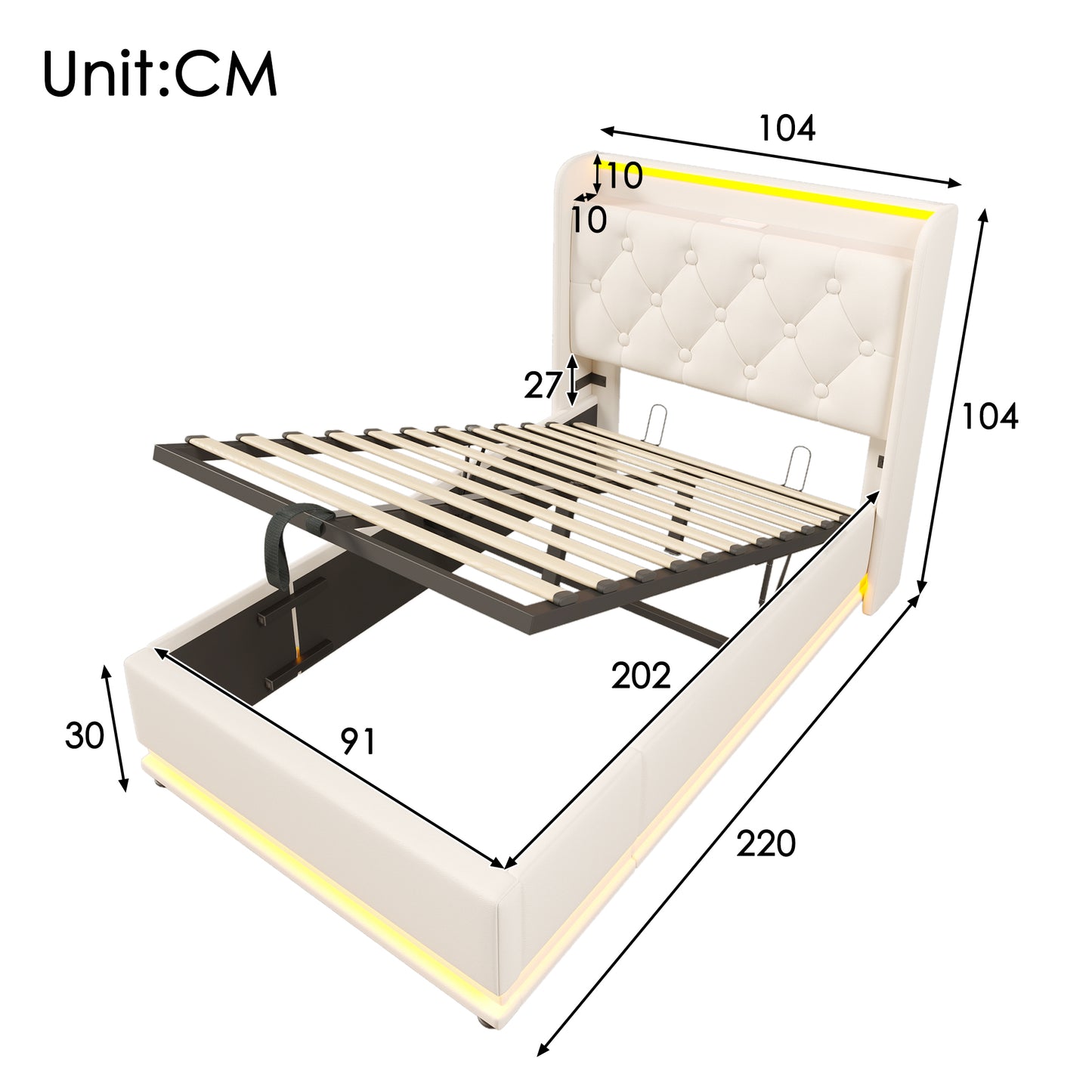 Upholstered Bed Single Bed, 360 Surround LED Function, Push Button App Remote Control, 90x200 Cm, White PU Material Hydraulic Storage Bed, Upholstered Headboard With USB Type-C Charging Function