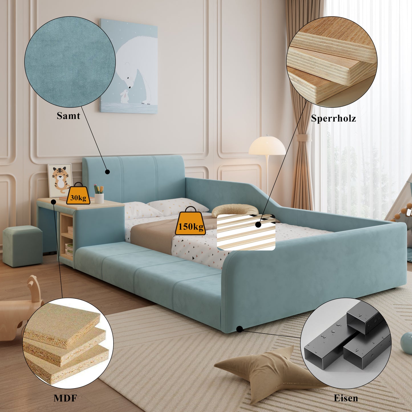 Upholstered Bed, Single Bed With Children's Desk And Stool, With Shelf, Soft Headboard, Children's Bed With Wooden Slats, Velvet, Blue, 90x200cm