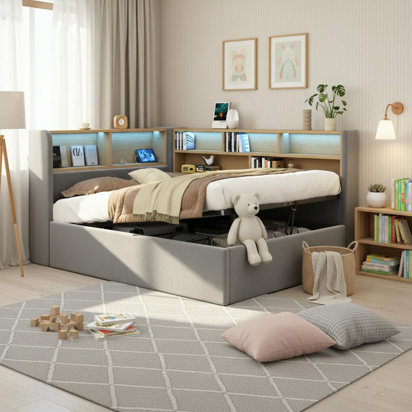 Daybed, L-shaped Upholstered With Storage Compartment, Sofa Bed With Storage, LED, USB Charging Port, 3FT Single Bed 90x190cm, Hydraulic Storage Bed Frame, Velvet, Grey