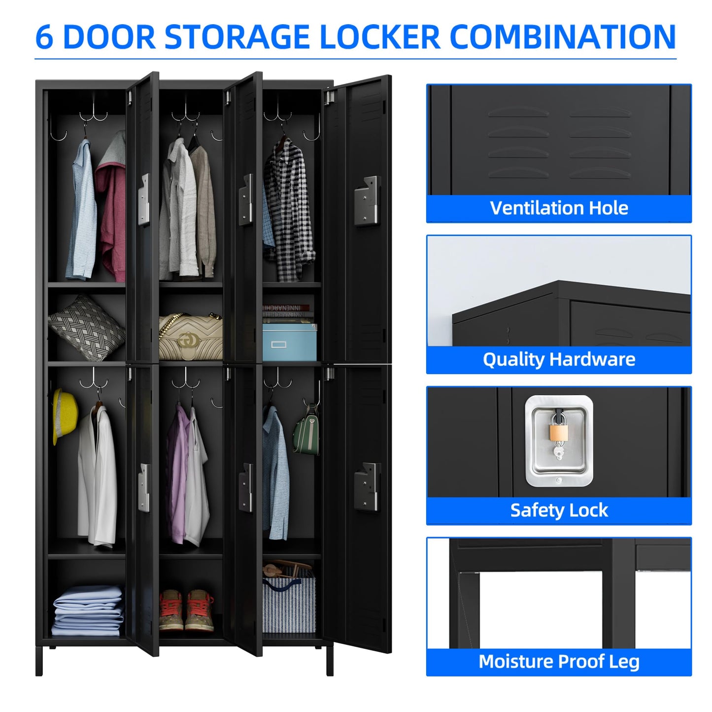 METAN Metal Locker For School Office Gym Bedroom,3 Doors Steel Storage Locker Cabinet For Employees,Industrial Storage Locker With 2 Shelves,Assembly Required 3 Door-Black