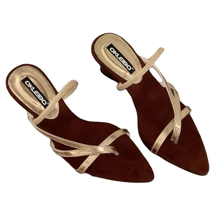 French Resort Roman Style Two-way Wear Sandals, Pointed Toe Golden Thin Strap Wedge Heel Women's Outdoor Summer Slides