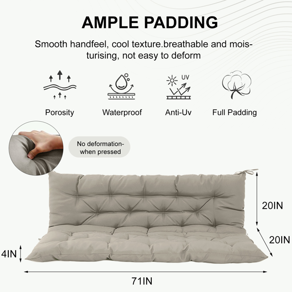 Outdoor Swing Cushions 70 Inch, Waterproof 4in Thick Porch Swing Cushion Replacement With Backrest And Ties, Comfortable 2-3 Seat Pation Swing Pad For Backyard, Garden, Lawn, Outdoor Furniture-khaki