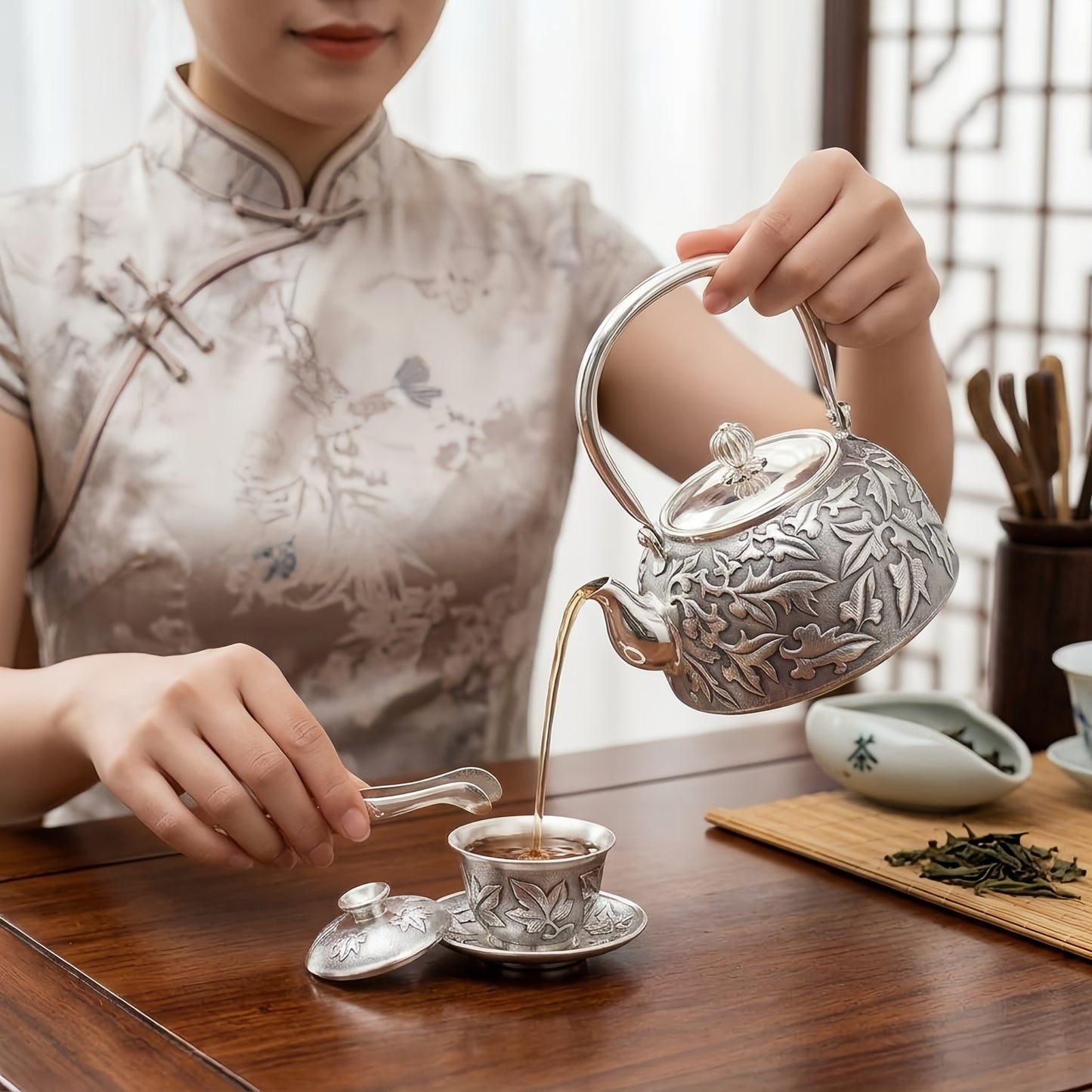 925 Sterling Silver Handcrafted Silver Tea Kettle with Intricate Leaf Relief and High Arched Handle - Handicraft