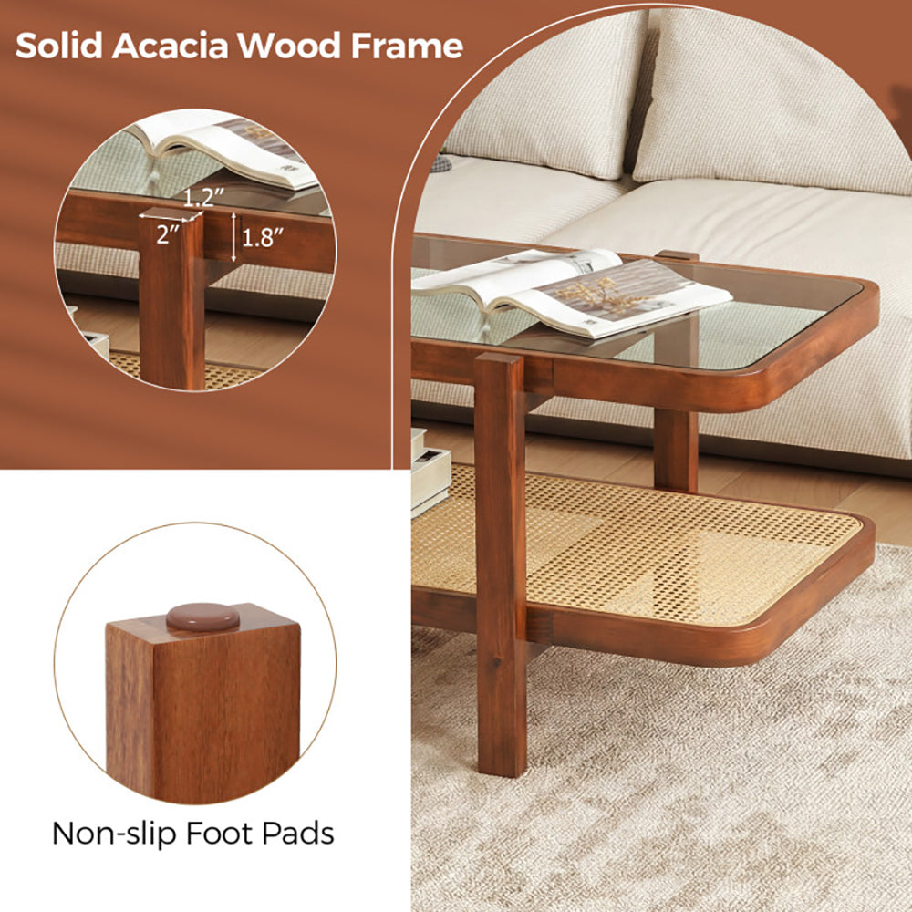 2-Tier Coffee Table With Storage And Tempered Glass Tabletop PE Rattan Anti-fading, Tear-proof For Office, Waiting Room, Or Reception Room