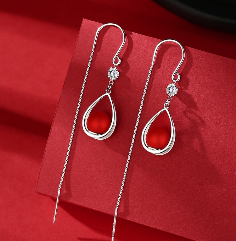 1 Pair 999 Sterling Silver Zircon Teardrop Red Bead Long Threader Earrings, Elegant & Versatile, Perfect For Daily, Dating & Festivals, Ideal Valentine's Gift