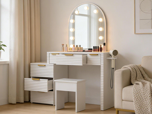 Makeup Vanity Desk With Mirror Lights Glass Tabletop 3 Lighting Modes Adjustable Vanity Table Modern Makeup Desk With Chair Power Outlet And 6 Drawers For Bedroom