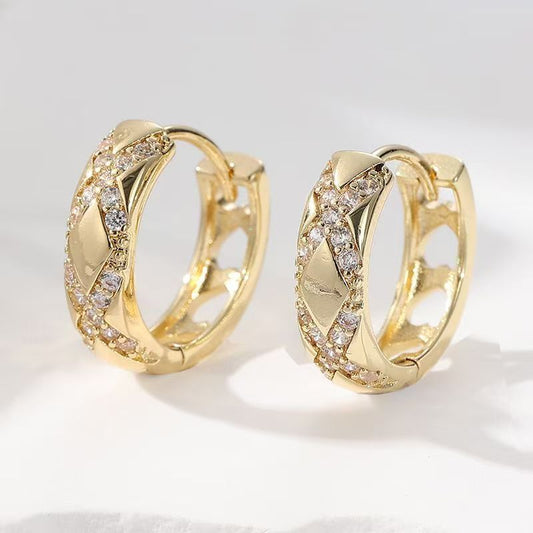 Classic Rhombus Lattice Full Zircon Click Hoop Earrings, Light Luxury Gold Plated Earrings, Niche Jewelry Gift For Girlfriend Best Friend Birthday Anniversary