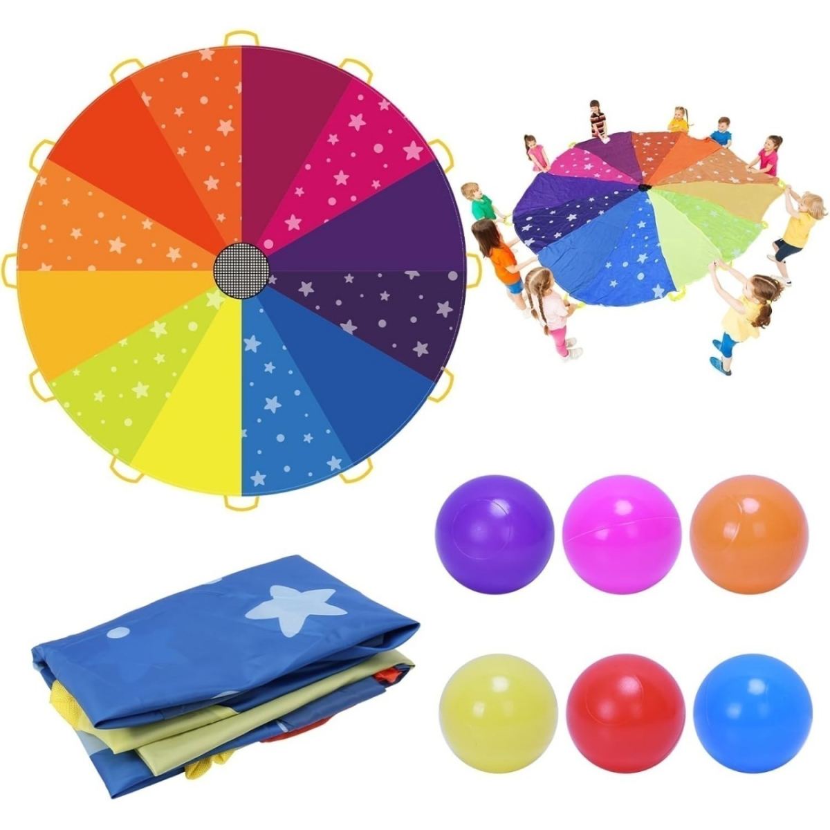 Rainbow Swing Towel, 2.4m Colorful Parachute With 12 Balls And 12 Handles—Parachute Game, Cooperative Movement Game, Sports Game, Outdoor Group Game For Gardens And Schools—Party Gift Packs