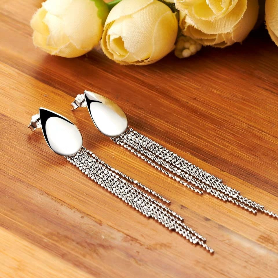 1 Pair 999 Sterling Silver Waterdrop Metal Long Tassel Earrings, Shiny & Glamorous, Perfect For Party, Dating & Banquet, Ideal Valentine's Gift