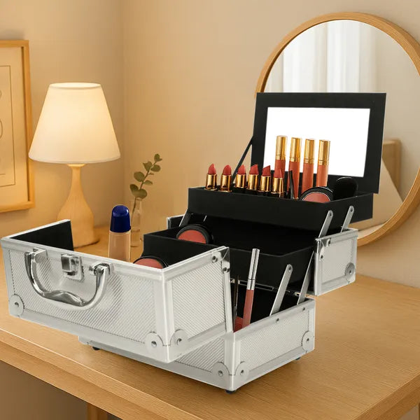 SM-2176 Aluminum Makeup Train Case Jewelry Box Cosmetic Organizer With Mirror 9'x6'x6' Silver