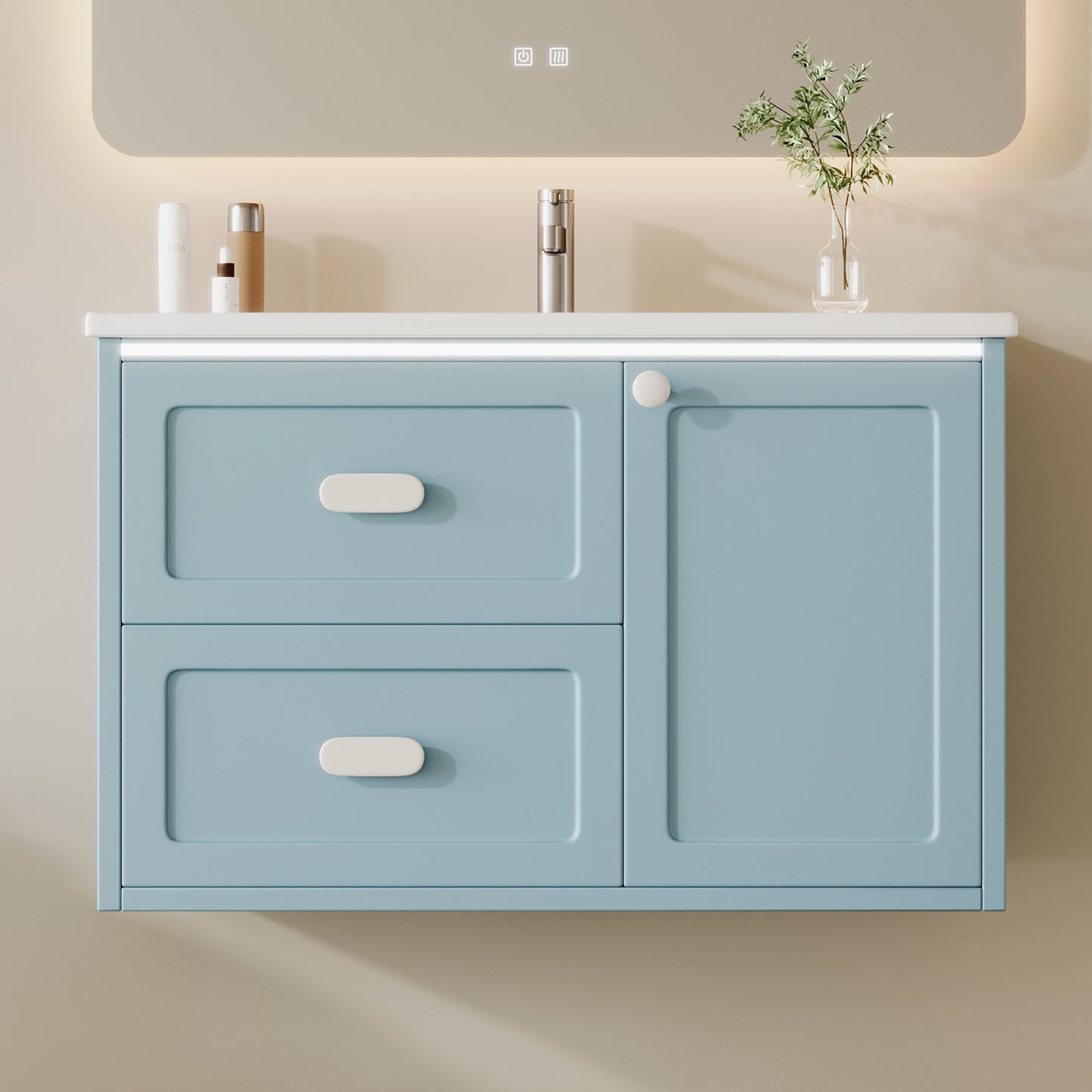 76x46x51cm Bathroom Wall Cabinet, Fully Lacquered, LED  Sensor Lighting, Two Drawers, Silent Slide Rails, Integrated Sink, Blue
