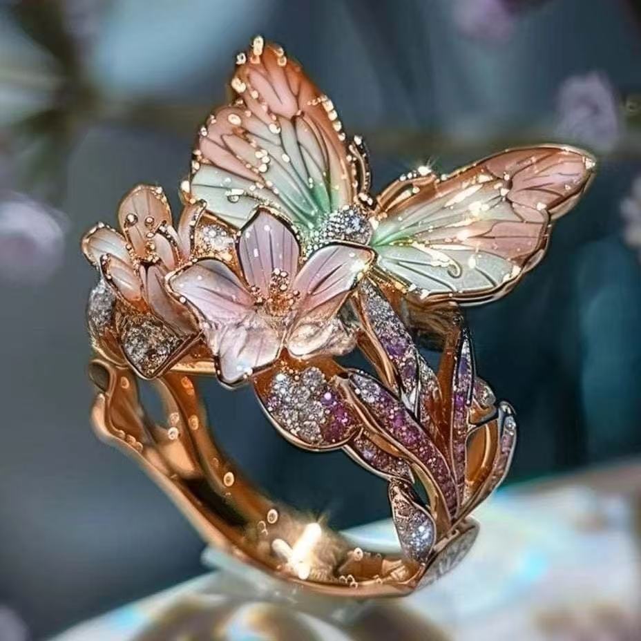 New Fashion Jewelry For Amazon, Exquisite Rhinestone Enamel Butterfly Flower Ring, Colorful Adjustable Open Band For Women