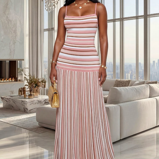 Womens Summer Fashion Strap Dress With Color-Block And Striped Backless Design