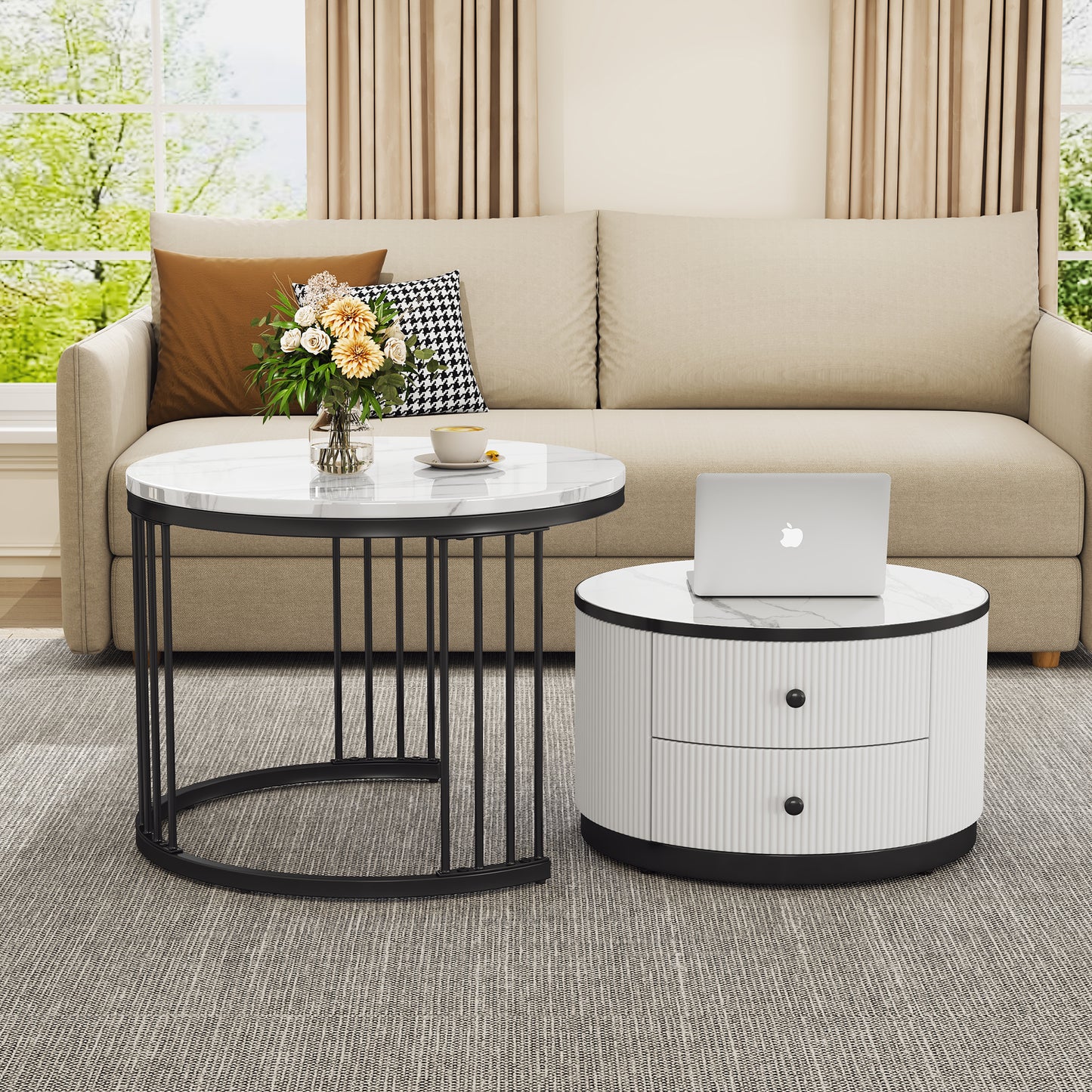 High Gloss Modern Round Nesting Coffee Table With Marble Pattern Top, White & Black Nesting Coffee Table Set Of 2 Center Table With Storage Drawers For Living Room Apartment Office