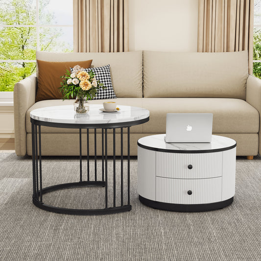 High Gloss Modern Round Nesting Coffee Table With Marble Pattern Top, White & Black Nesting Coffee Table Set Of 2 Center Table With Storage Drawers For Living Room Apartment Office