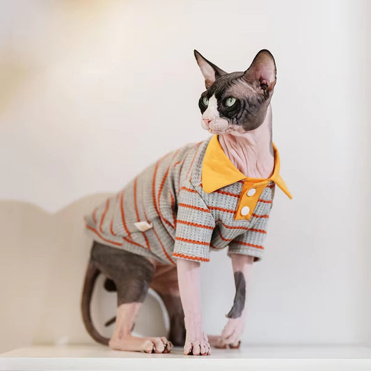 Pet Cat Clothes Padded Polo-style With A Turn-down Collar And Long Sleeves