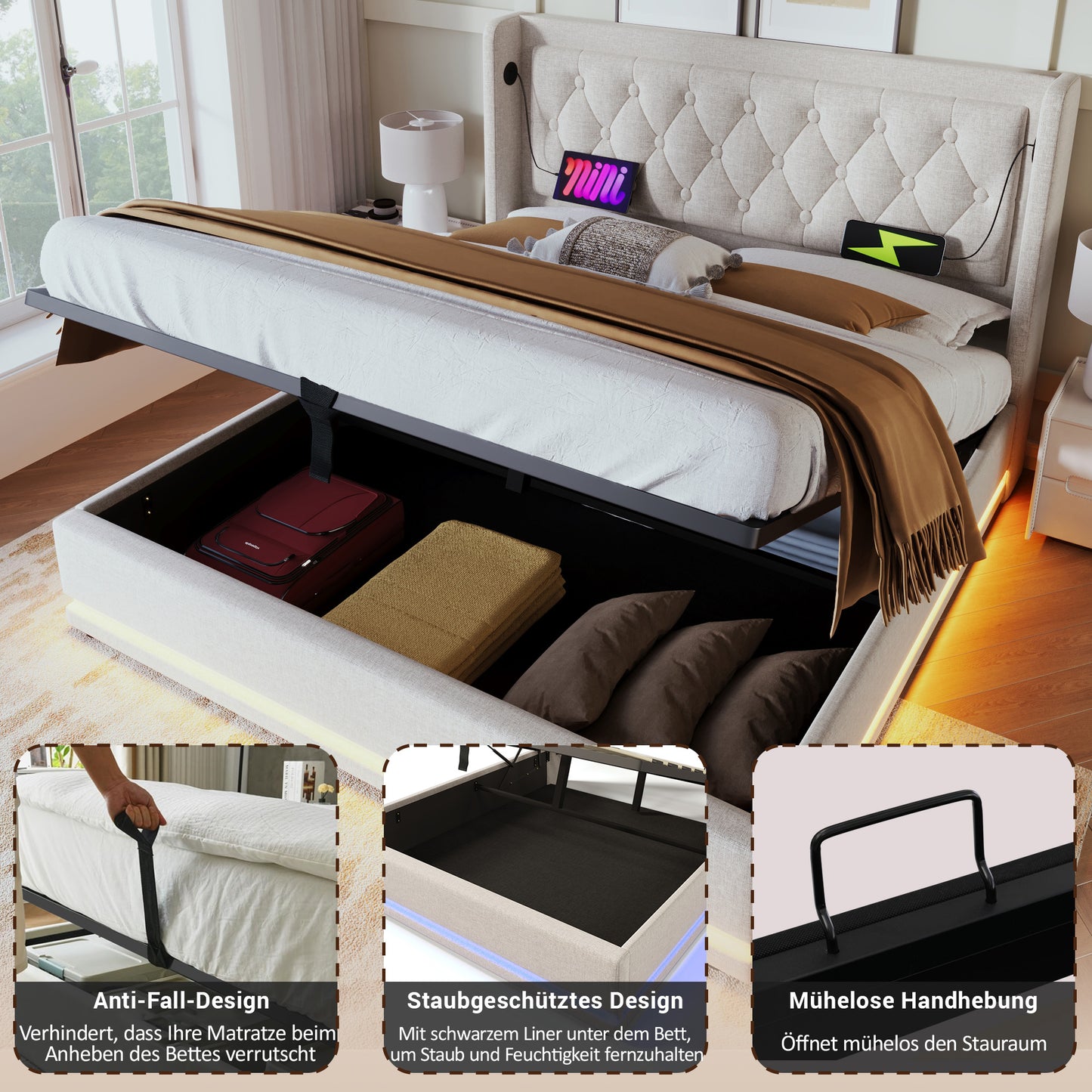 Upholstered Bed Double Bed 140x200 Cm, Beige Cotton Material Hydraulic Storage Bed, Upholstered Headboard With USB Type-C Charging Function, 3-sided LED Function  Without Mattress