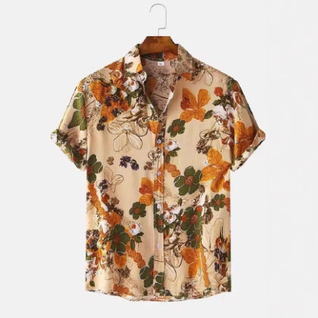 Retro-printed Short-sleeve Lapel-button Fashion Casual Jacket Shirt