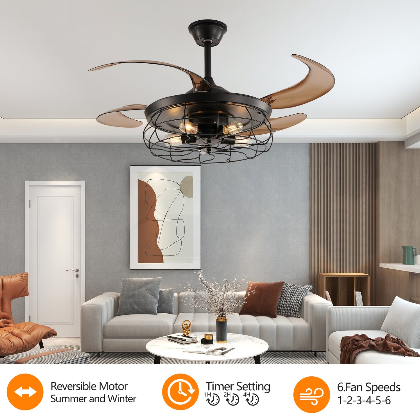 48  Black Remote Control Ceiling Fan Light   Industrial 4-Blade Fan With Cage Design And Adjustable Speed For Living Room, Bedroom, Or Office  Silent 6-Speed Reversible DC Motor Bulb Not Included