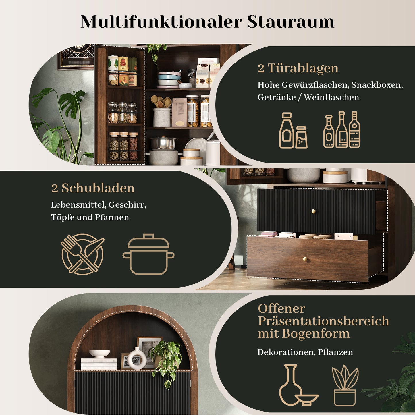 Arched Cabinet 180X80X40cm, Kitchen Cabinet, Display Cabinet, Wine Cabinet With Door Shelves, Open Top Compartment And 2 Drawers, For Kitchen, Dining Room, Living Room, Bedroom, Walnut Look