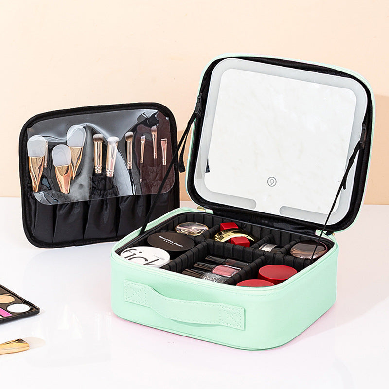 Makeup Bag With Mirror And Light Rechargeable PU Leather Travel Storage Box