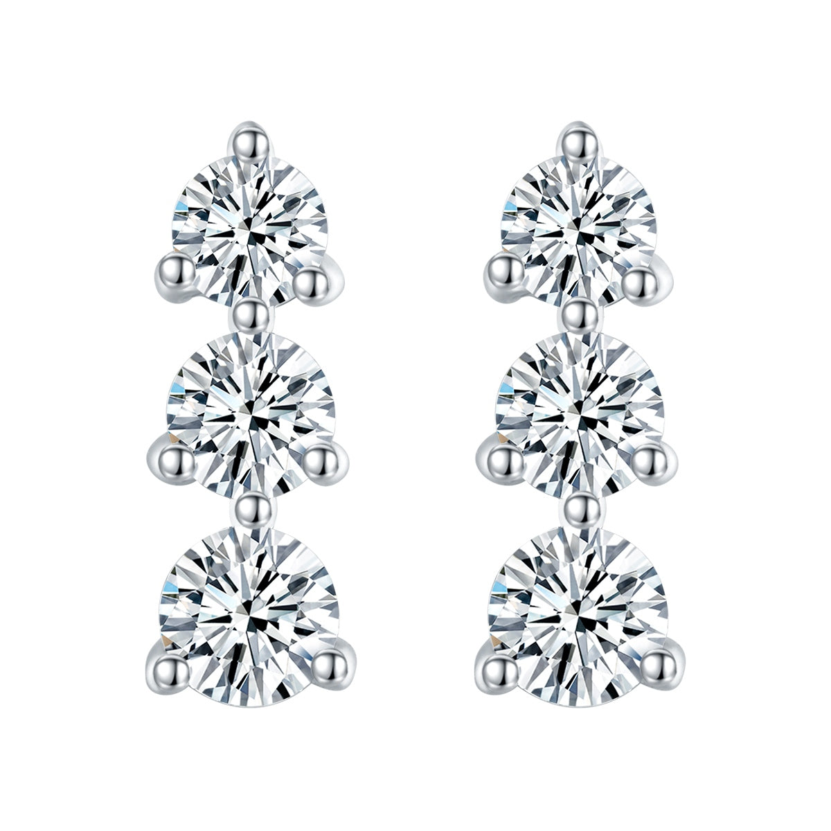 S925 Sterling Silver Moissanite 3 Stone Earrings  Round Cut Screw Back Studs With GRA Certificate Platinum Plated Vertical Drop Jewelry Gift Box Set For Women
