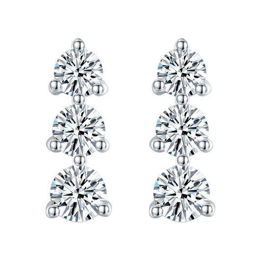 S925 Sterling Silver Moissanite 3 Stone Earrings  Round Cut Screw Back Studs With GRA Certificate Platinum Plated Vertical Drop Jewelry Gift Box Set For Women