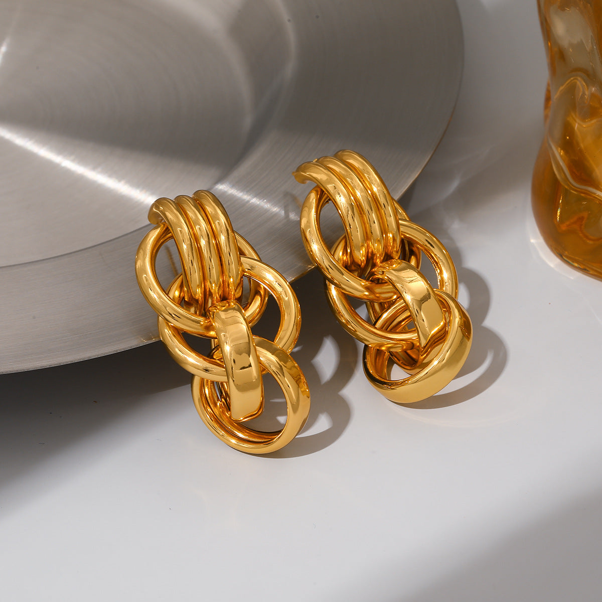 European American 18K Gold Plated Stainless Steel Earrings For Women, Light Luxury High-End Versatile Anti Tarnish Titanium Steel Fashion Jewelry For Daily Commute