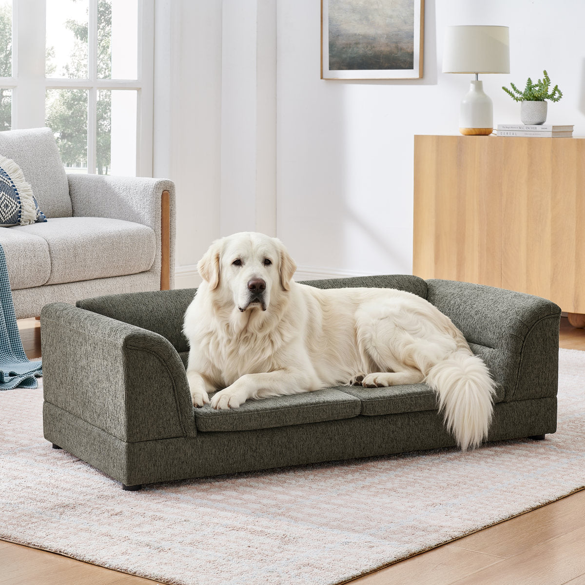 Oversized Pet Sofa, Curved Armrest Rectangular Dog Sofa, Linen Fabric Comfort Pet Couch for Large & Oversized Dogs-Dark Gray