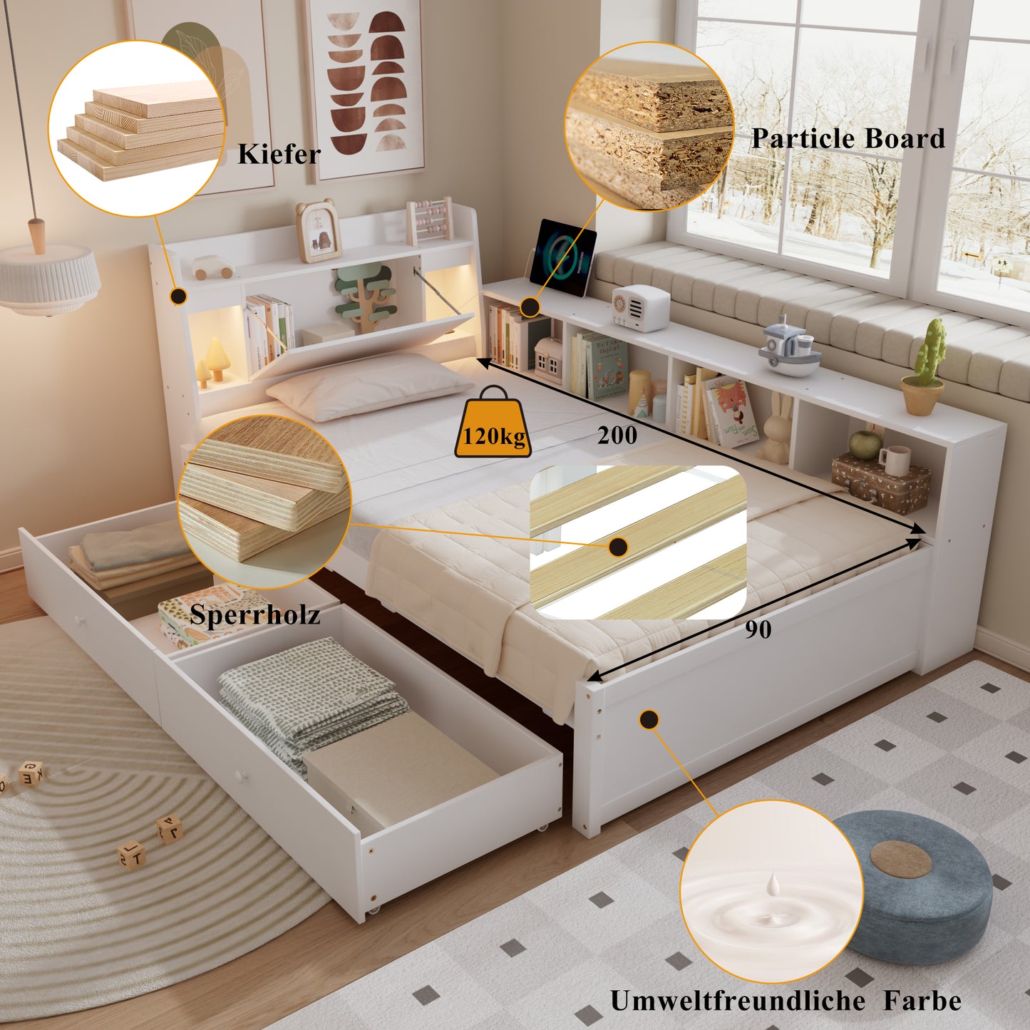 Single Bed, Panel Bed, Headboard With Storage Compartment  2 Lights, With Charging Socket, Side Storage Cabinets And Drawers, Pine Chipboard MDF, White, 90x200cm