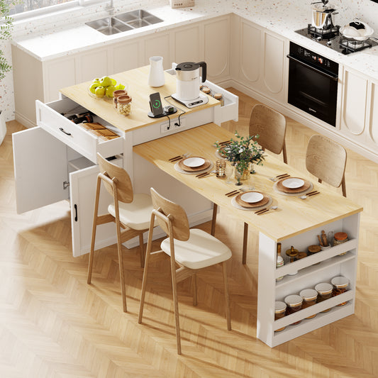 K&K 82.7 Inch Kitchen Island With Extendable Dining Table For 4 6 Person,Two Tone Kitchen Table With Double Sized Storage, Power Outlet, Kitchen Island With Storage 2 Drawers 2 Side Open Shelves,White