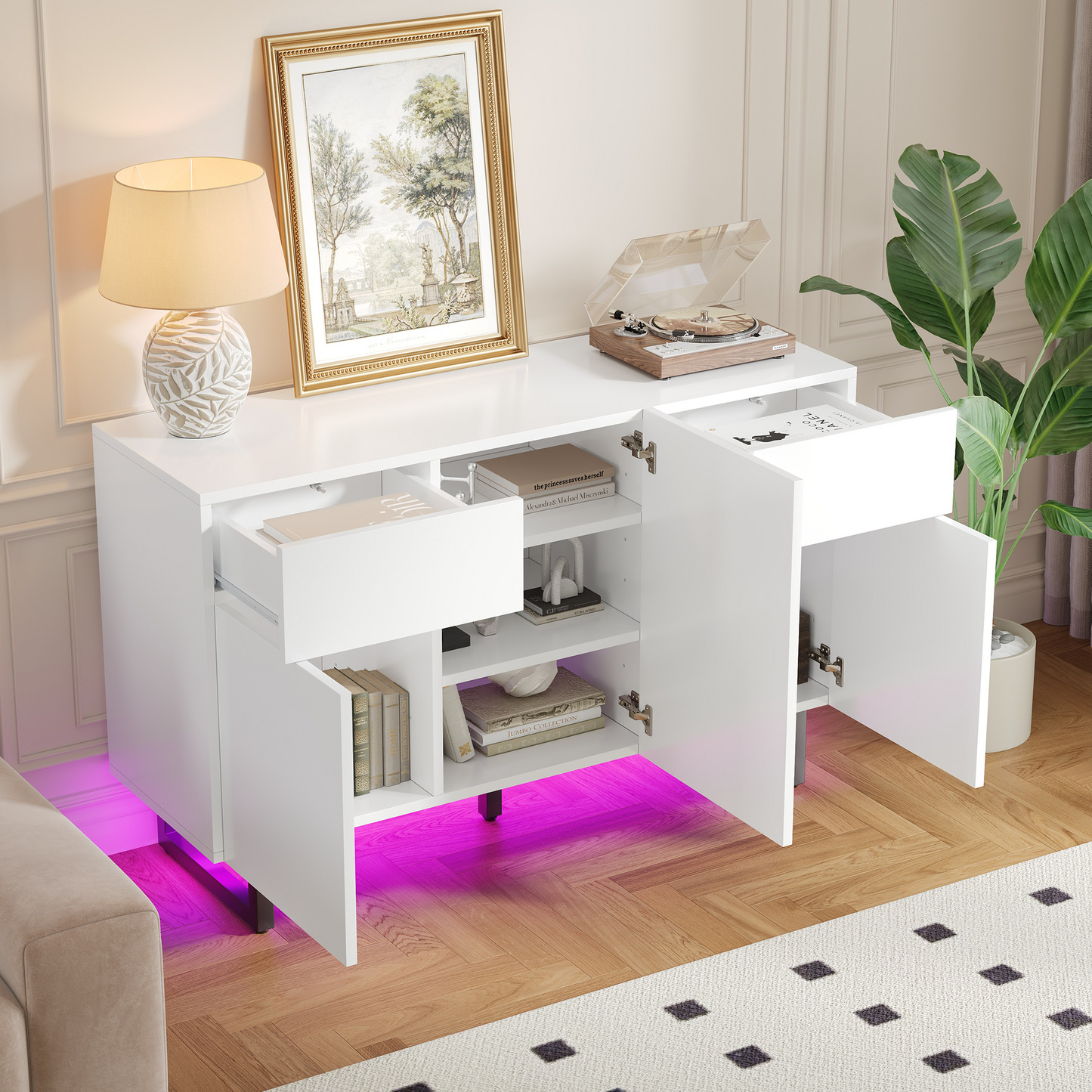 Modern Sideboard 120 Cm With Large Storage Space, Drawers & Doors  White With Black Handles & Metal Legs, Versatile In The Dining Room, Living Room Or Kitchen  Stylish, Practical & Stable.