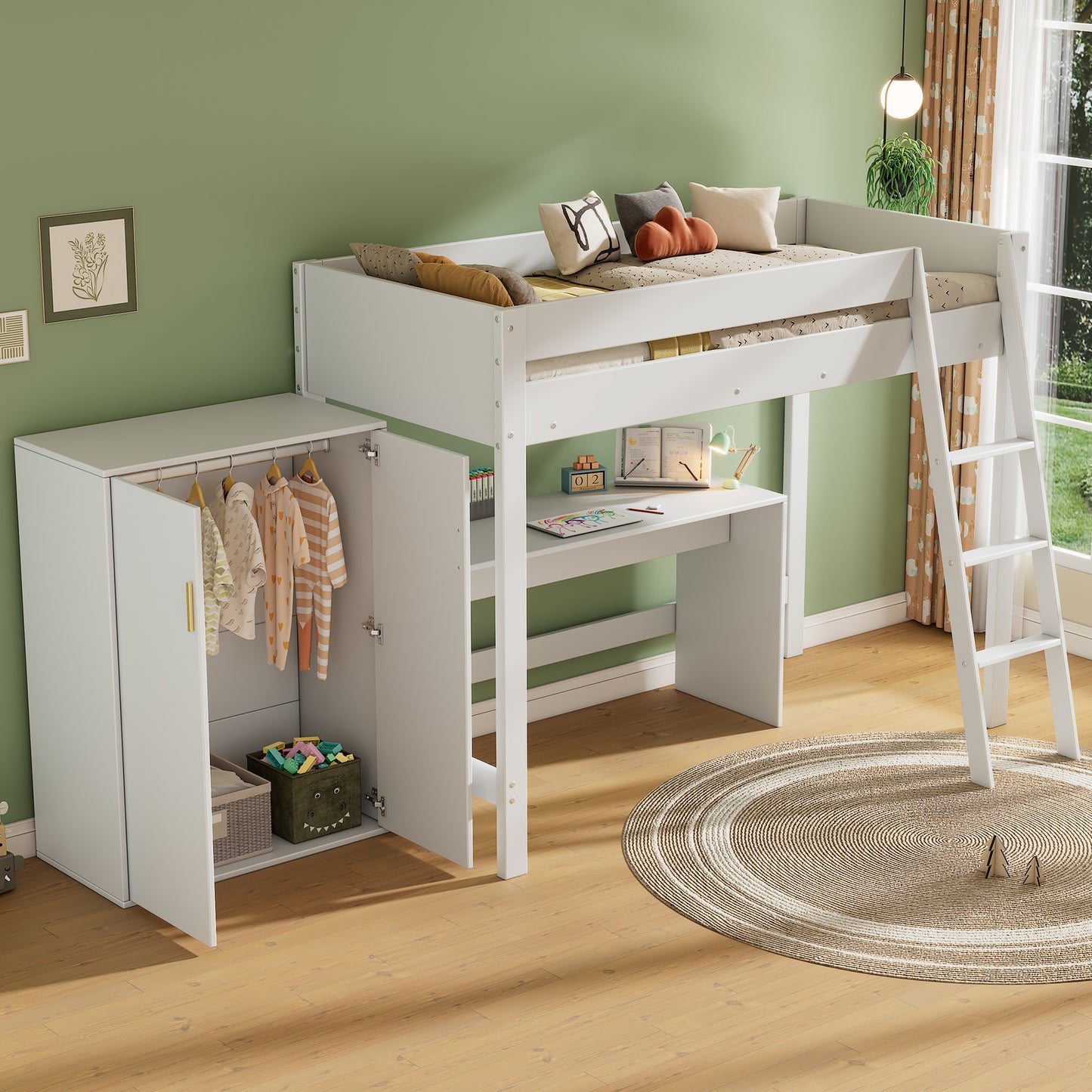 Children's Loft Bed, Multifunctional Children's Bed, With Ladder, With Desk, With Wardrobe, Freely Combinable, Without Mattress, Solid Wood, White 90X200
