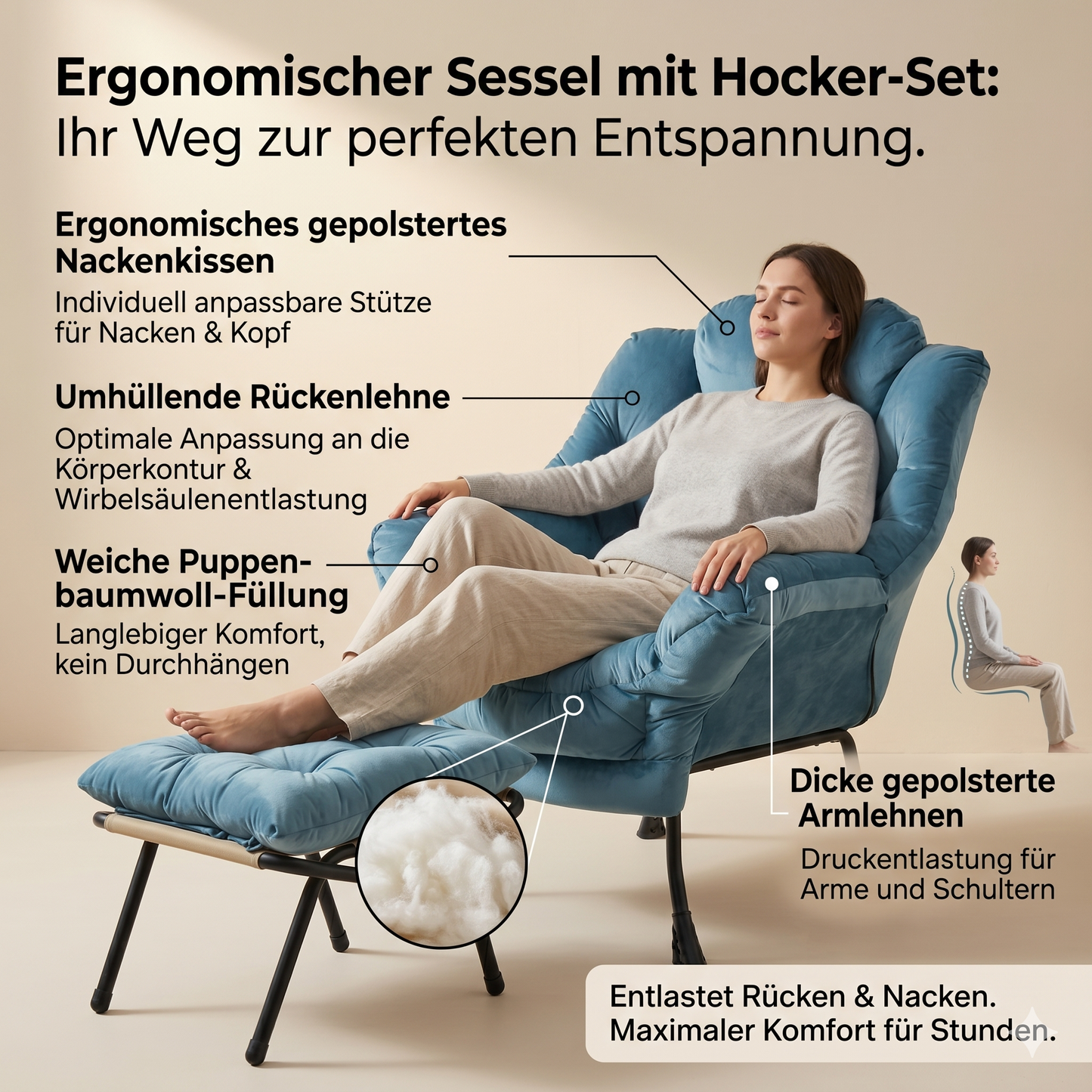 Armchair With Stool, Recliner With Armrests, Side Pocket & Footrest, Lounge Chair, TV Armchair, Wing Chair For Living Room, Bedroom, Office Blue