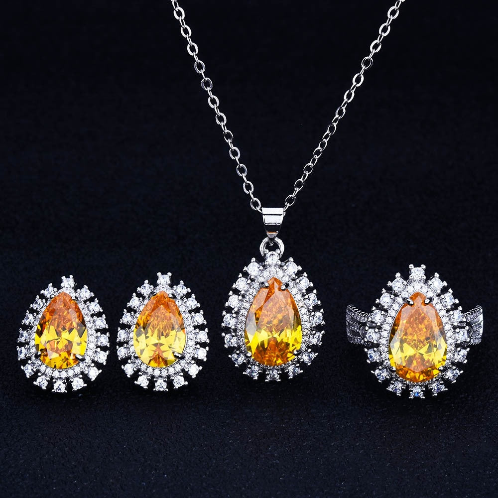 New Luxury European And American Style Gemstone Set For Women, Princess Diana Style Royal Blue Teardrop Pear-Shaped Micro-Encrusted Ring, Earrings, And Necklace