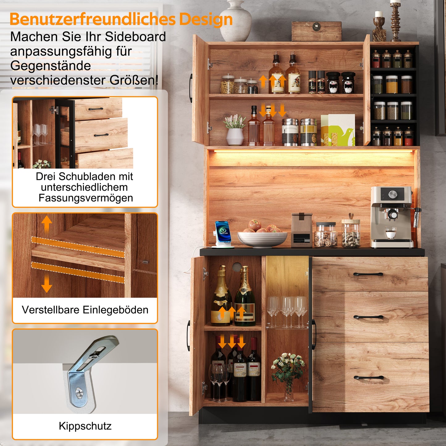 105 X 40 X 180 Cm Modern Kitchen Tall Cabinet, Black And Wood Look With LED Lighting, Adjustable Shelves And Euro-style Socket, Suitable For Kitchens, Dining Rooms, Living Rooms, Etc.
