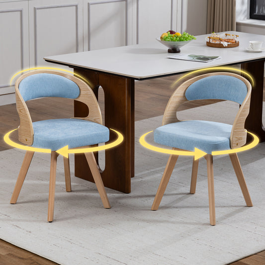 A Set Of Two Wooden Dining Chairs In A Modern Style, With Swivel Seats, Cotton Linen Seat Cushions And Curved Backrest, Accent Chairs For Kitchen, Cafe& Living Room  Blue Linen