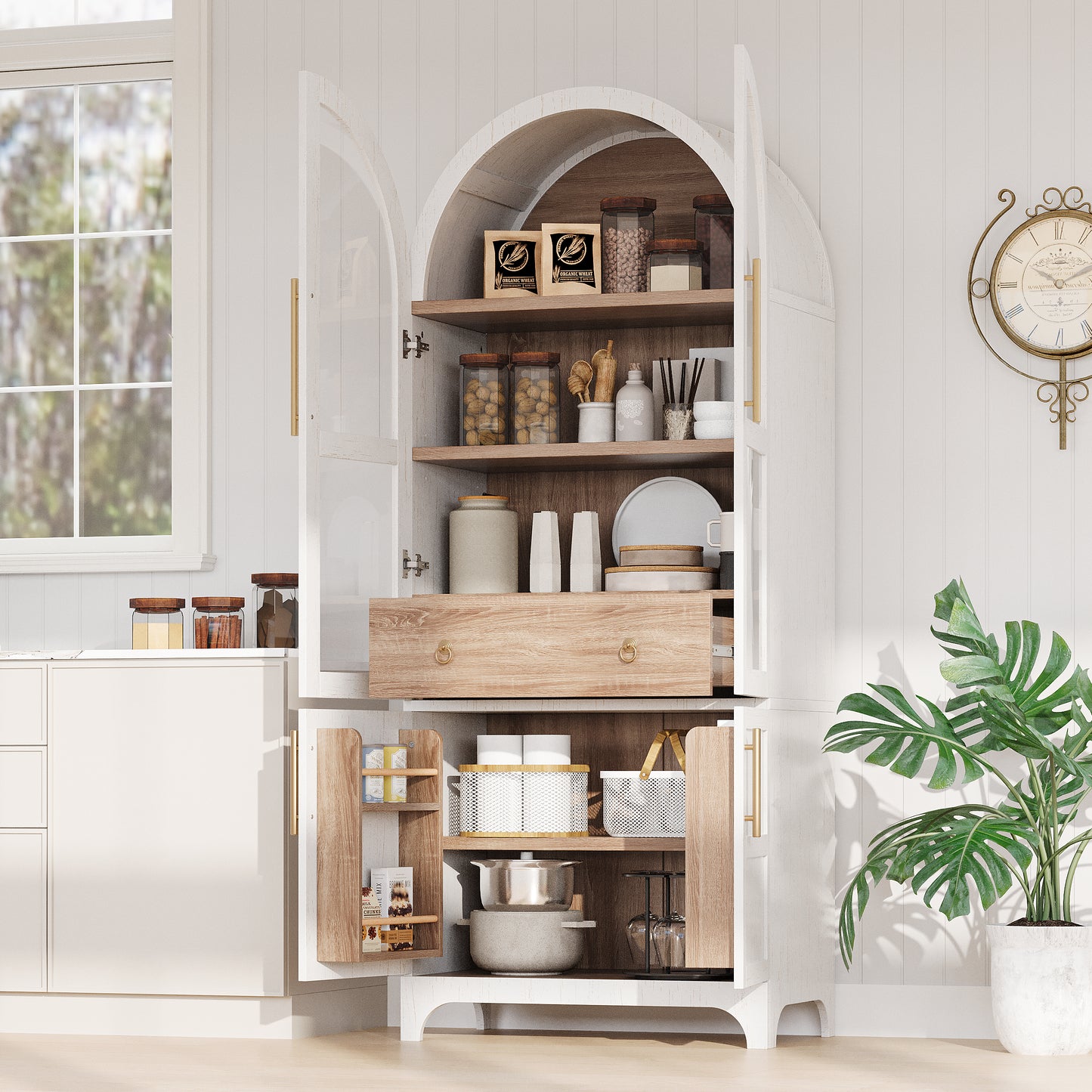 K&K 71  Tall Arched Kitchen Pantry Cabinet With Door Shelves, Farmhouse Kitchen Storage Cabinet With Open & Adjustable Shelves, Hidden Drawer & Glass Door, Cupboard For Kitchen, Dining Room, White