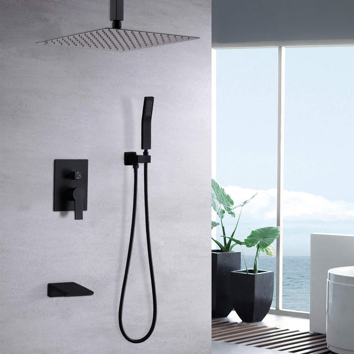 Matte Black Shower System  Wall Mount Shower Faucet Set For Bathroom 10 Inch High Pressure Luxury Shower Head With Handheld, Rough-in Valve Body And Trim Included