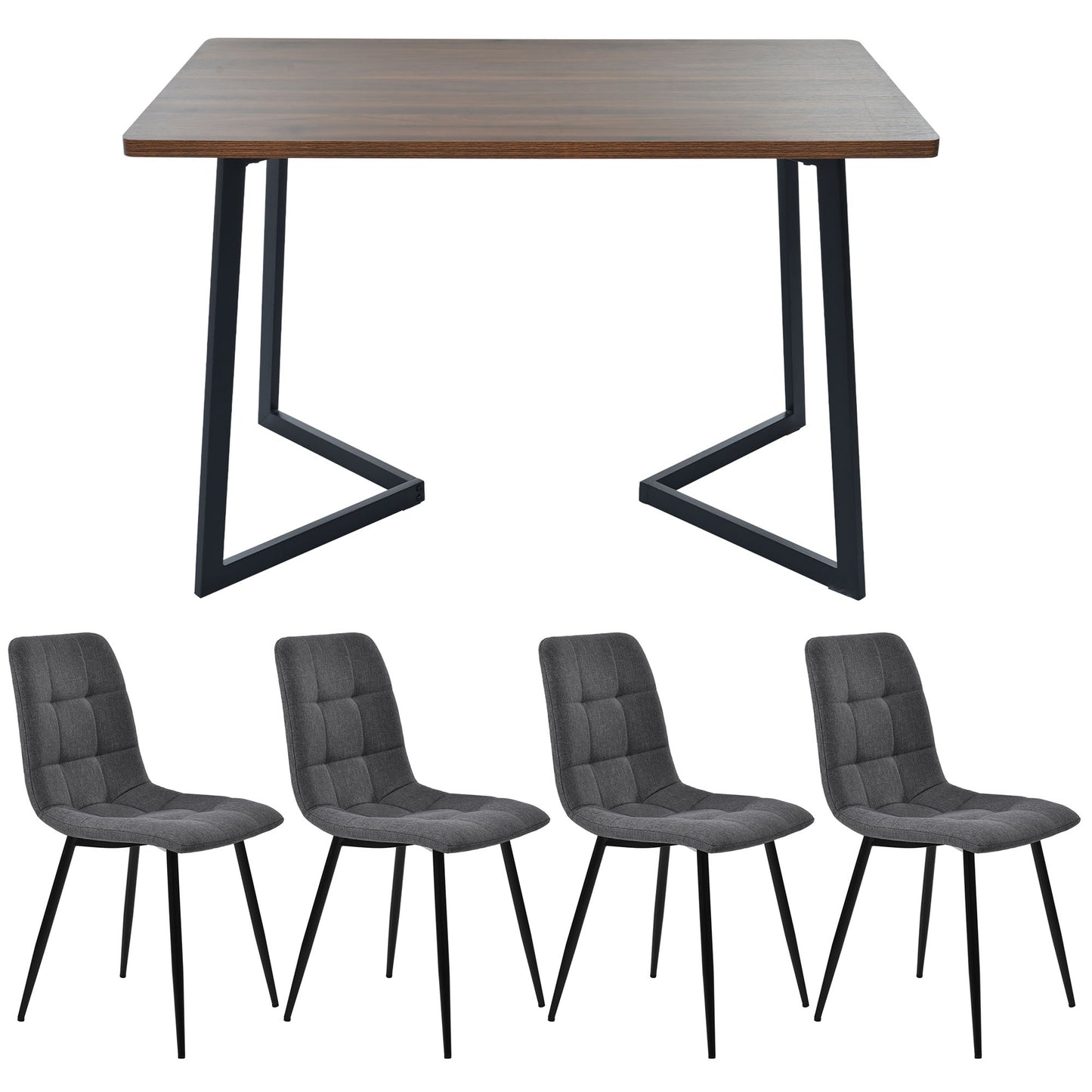 Dining Set 5-piece  Dining Table With 4 Chairs Set, Modern Kitchen Table Set, Wood-grain Kitchen Table With Black Metal Legs, MDF Tabletop In Walnut Color, Dark Gray Linen Dining Chairs
